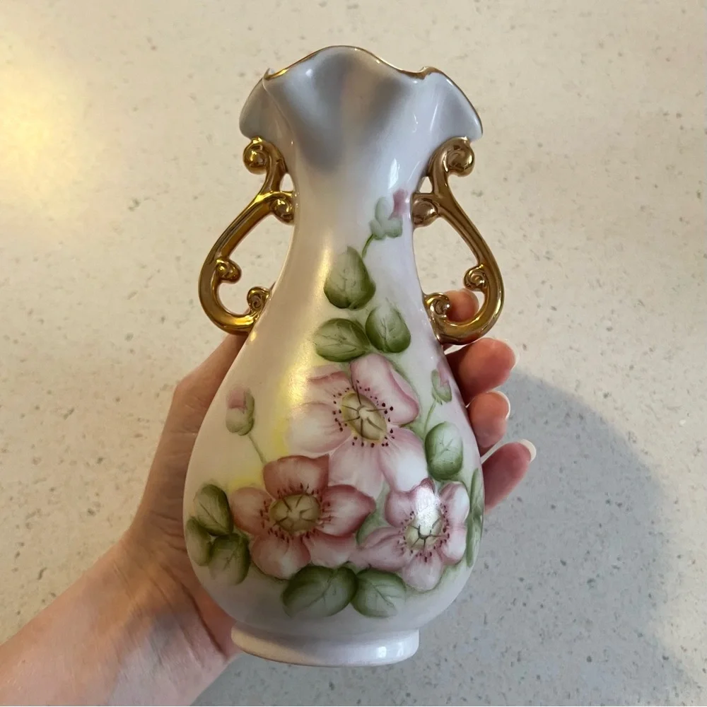 Vintage Hand Painted Floral Ivory Gold Detail Double Handled Porcelain Vase